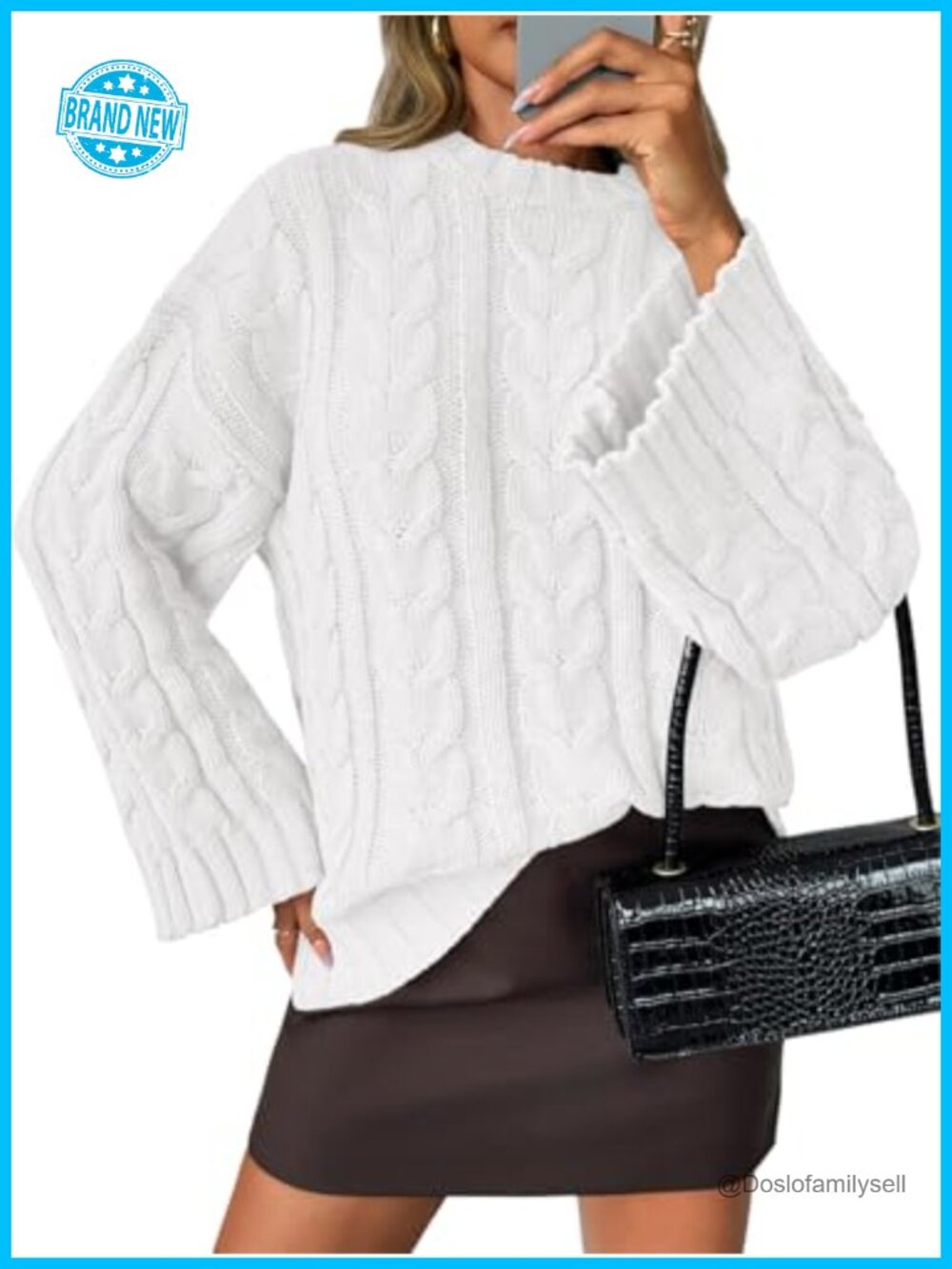 Oversized Cable Knit Bell Batwing Sleeve Crew Neck Chunky Pullover Sweater